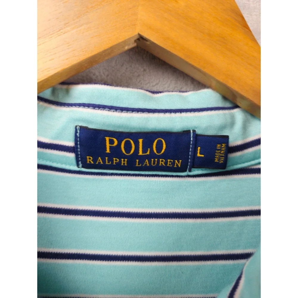 Polo Ralph Lauren Men Large Polo Shirt Green Blue Striped Soft Cotton Logo Pony